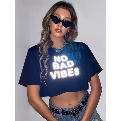 Women's No Bad Vibes Cotton T-Shirt Blue Crop Short