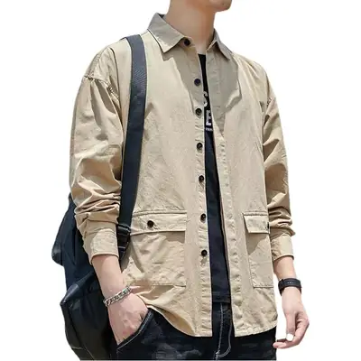 Men's Cotton Long Sleeve Shirt Spring Autumn Hong Kong Style Loose Fit