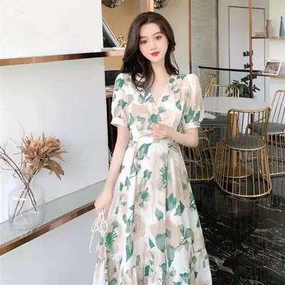 Printed Floral Waist Dress for Women Petit Summer