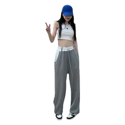 Women 2022 Gray Drawstring Pants Slimming Wide Leg