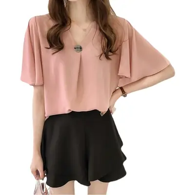 Women's Pink Chiffon Half Sleeve Top with Black Shorts