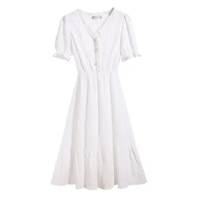 White V-Neck Slim Fit Mid-Length Dress for Women