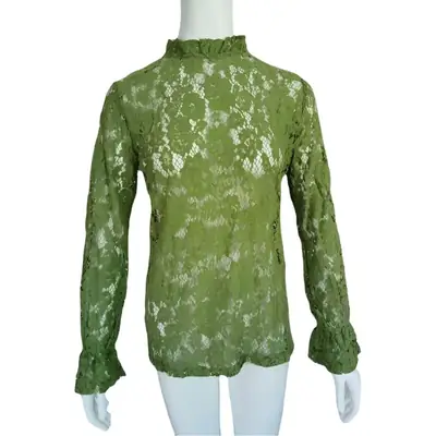 Green Hollow Lace Bell Sleeve Long Sleeve Blouse
