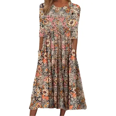 Women's Floral Flared Skirt Dress with Flap Pocket