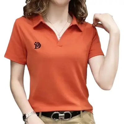 Women Green Polo Shirt V Neck Short Sleeve 2022