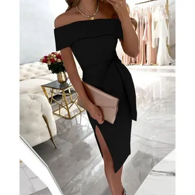 Light Blue One-Character Collar Split Dress with Strap