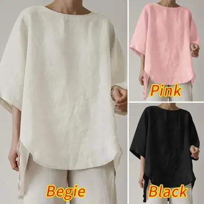Women Cotton Linen Round Neck Shirt Pink Black White Loose Casual Top