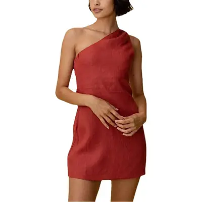 New Summer Diagonal Collar Waist-Cinching Dress Cotton Linen Solid Color One Shoulder Mini Skirt