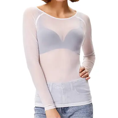 Women Long Sleeve Transparent Mesh Top White