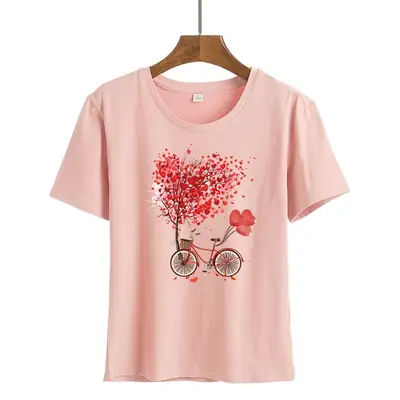 Women Pink Heart Bicycle Print T-Shirt Casual Wear
