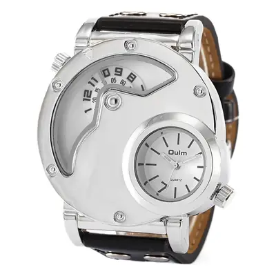 Men's Black Quartz Double Time Zone Watch with Leather Strap
