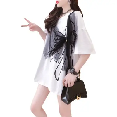 Women Loose Mesh Gauze T-Shirt White Black Bow