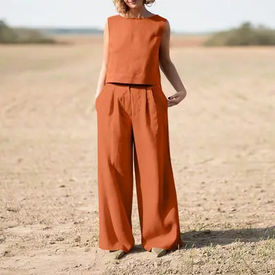 2023 Cross-Border Women's Cotton Laneson Pants Suit Orange