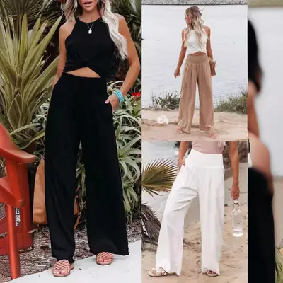 Black Elastic Waist Casual Pants Plus Size Women