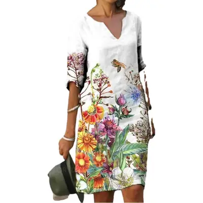 2025 Printed Linen Dress Black Round Neck Short Sleeve