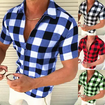 Men's 2022 Blue Black Checkered Slim Fit Shirt Top