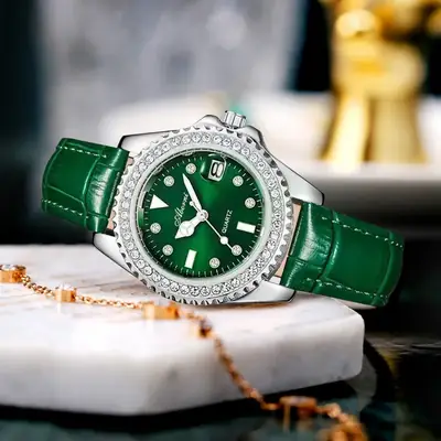 Women's Green Diamond-Encrusted Quartz Watch