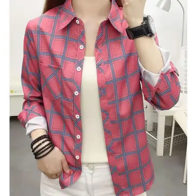 Women Korean Style Plaid Long Sleeve Shirt Red White