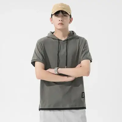 Men Pure Cotton Hooded Short Sleeve T-Shirt Blue
