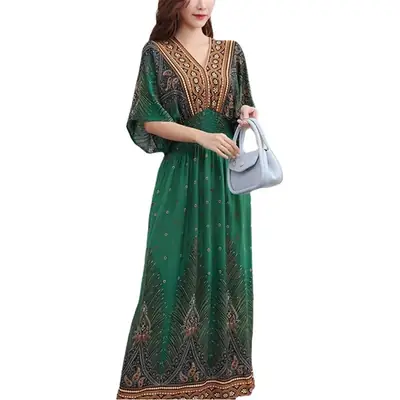 Red Ethnic V-Neck Cotton Silk Dress for Women