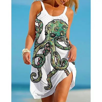 2022 New Urban Casual Beach Dress 3D Printed Blue
