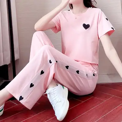 Pink Heart Print Women's Summer Casual Two-Piece Set
