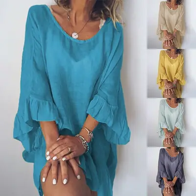 Women's Blue Loose Summer Beach Dress Mid Sleeve