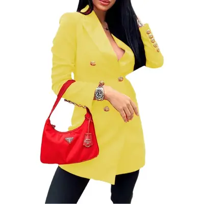 Women's Yellow Double-Breasted Slim Fit Suit Jacket with Red Handbag