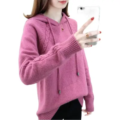 Women Pink Knitted Hooded Lazy Sweater 2025
