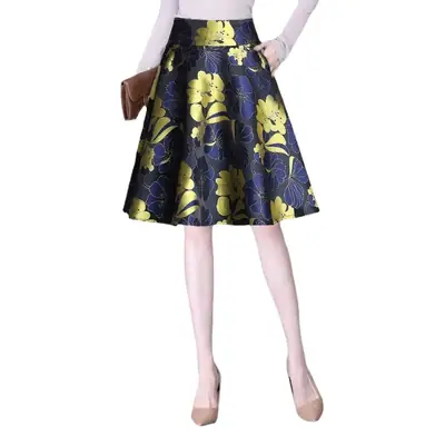 Women Printed A-Line Skirt Navy Blue Yellow 2024