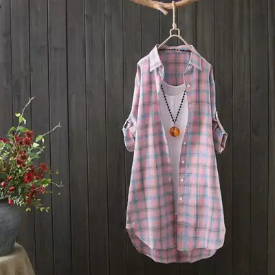 Long Sleeve Plaid Shirt Women Summer Loose Cardigan Sun Protection