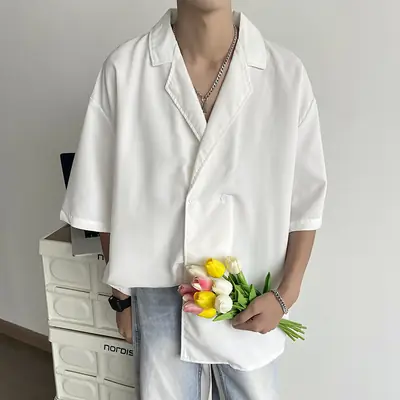 Men's Black Korean Style Collar Shirt with Loose Drape