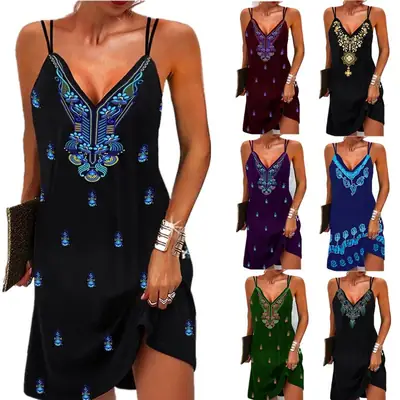 Black V-Neck Ethnic Dress for Women Summer