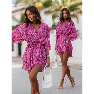 2023 Pink Wave Print V-Neck Dress with Belt