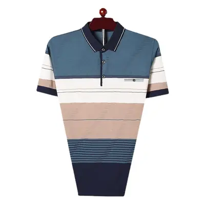 Men's 2025 Summer Lapel Polo T-Shirt Blue Beige Striped