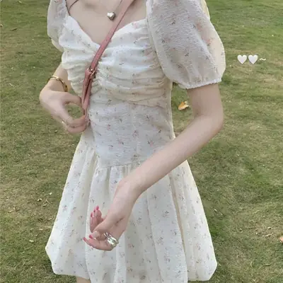 Women's New Floral Dress Spring Summer Sweet Collarbone Exposed Puff Sleeve Waist Slimming Super Fairy Short Sleeve Skirt