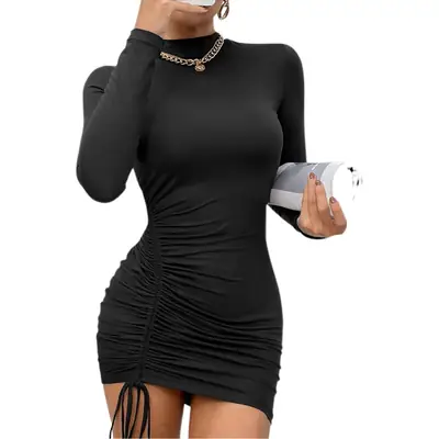 Women Slim Fit Half-Turtleneck Dress Brown Long Sleeve