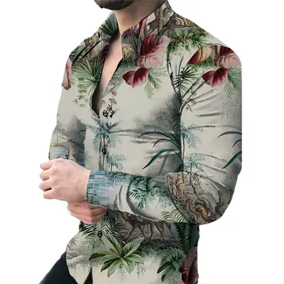 Men Floral Long Sleeve Shirt Plus Size Spring Autumn Wear