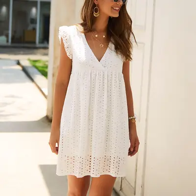 Yellow Lace Jacquard V Neck Dress with Flap Pocket