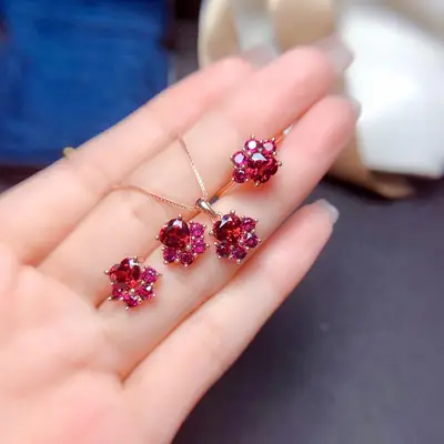 Garnet Ring Earrings Set for Women Luxury Elegant Jewelry