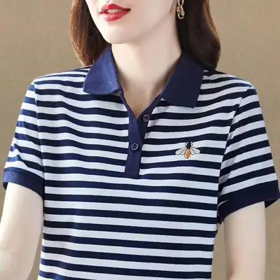 Women Red White Striped Polo T-Shirt 2023 Summer Loose Fit