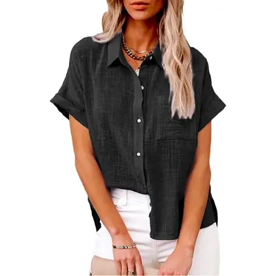 Women Chiffon Button Short Sleeve Shirt Light Green