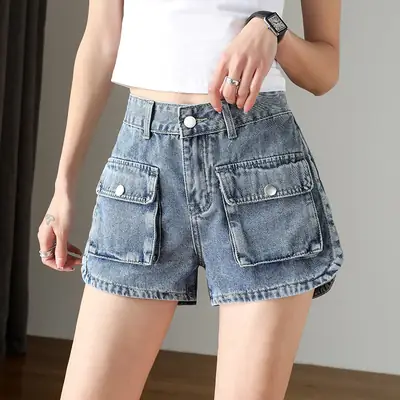 Petite Denim Shorts Women Summer 2022 High Waist Wide Leg