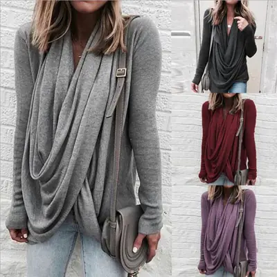 2024 Grey Asymmetrical Pile Collar Long Slim T-Shirt Top