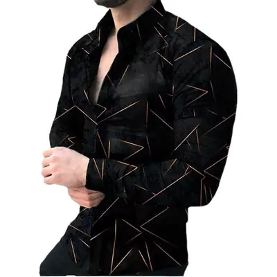 3D Geometric Lapel Shirt Men Black White Casual Street Ballroom