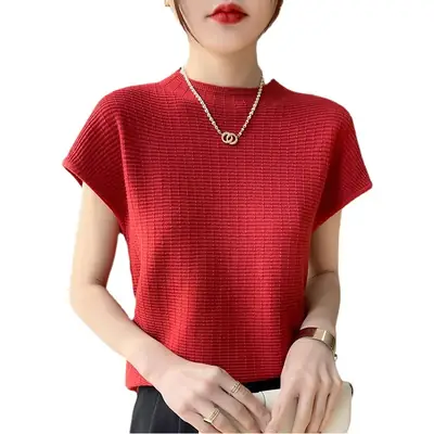 Women's White Knitted Checkered T-Shirt Half Turtleneck