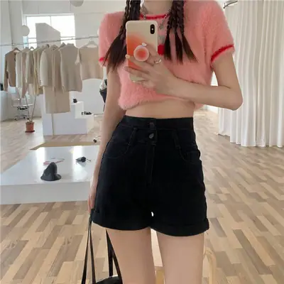 Women Crimped Denim Shorts Blue 2022 Summer