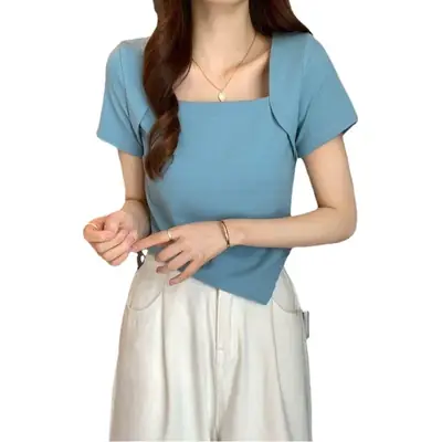Women Blue Square Neck Irregular Short Sleeve T-Shirt