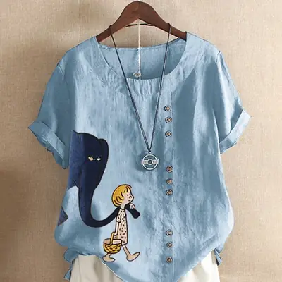 Women Retro Cartoon Print T-Shirt Green Short Sleeve