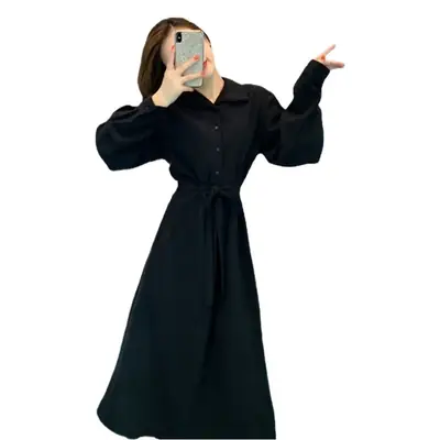Black French Button Front Waist Belt Dress for Women